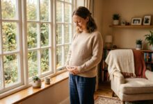 9 weeks pregnant woman holding her belly near a bright window during early pregnancy