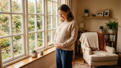9 weeks pregnant woman holding her belly near a bright window during early pregnancy