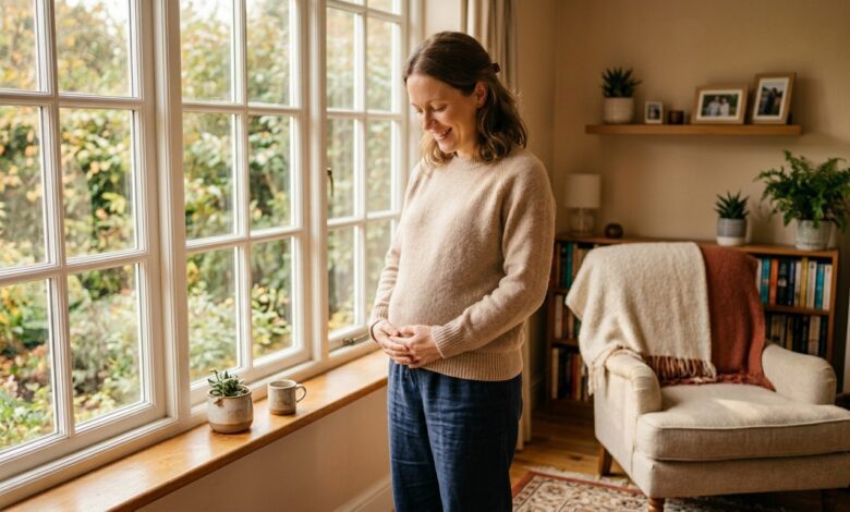 9 weeks pregnant woman holding her belly near a bright window during early pregnancy