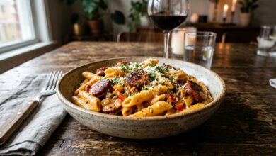 Creamy Cajun sausage pasta served in a rustic bowl with smoked sausage, penne pasta, parmesan cheese, and parsley garnish.