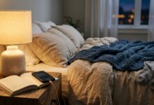 Bedtime alarm habit improving sleep consistency in a calm modern bedroom at night