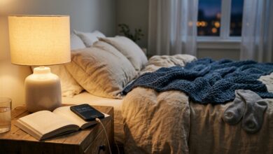 Bedtime alarm habit improving sleep consistency in a calm modern bedroom at night