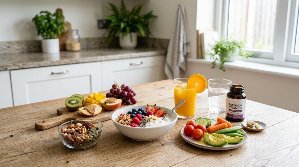 Healthy foods for 9 weeks pregnant women including fruits vegetables yogurt and prenatal vitamins