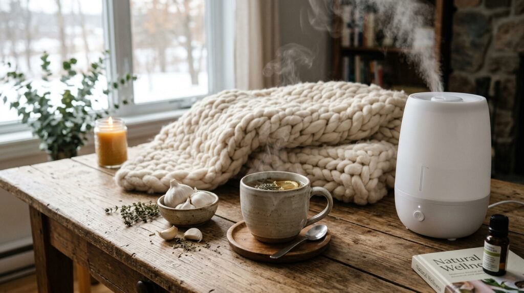 Warm herbal tea with garlic cloves and humidifier creating a cozy cold relief atmosphere
