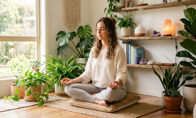 Meditation for anxiety practice in a peaceful sunlit room