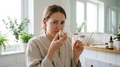 Person holding garlic cloves near nose while questioning viral congestion remedy trend(garlic in nose for congestion relief and natural sinus remedy)