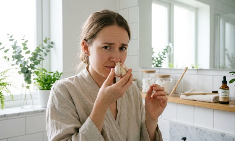 Person holding garlic cloves near nose while questioning viral congestion remedy trend(garlic in nose for congestion relief and natural sinus remedy)