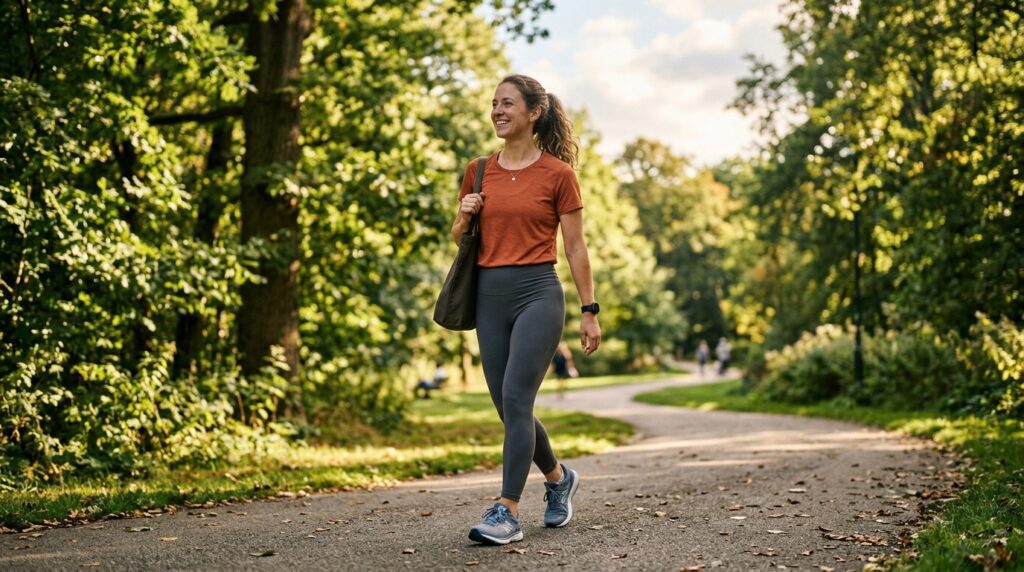 Person walking outdoors after meal healthy weight loss lifestyle