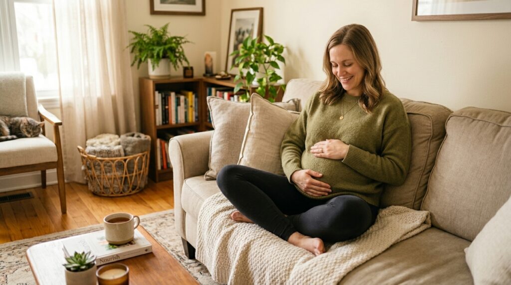 Pregnant woman relaxing on a couch during 9 Weeks Pregnant Symptoms with early pregnancy symptoms