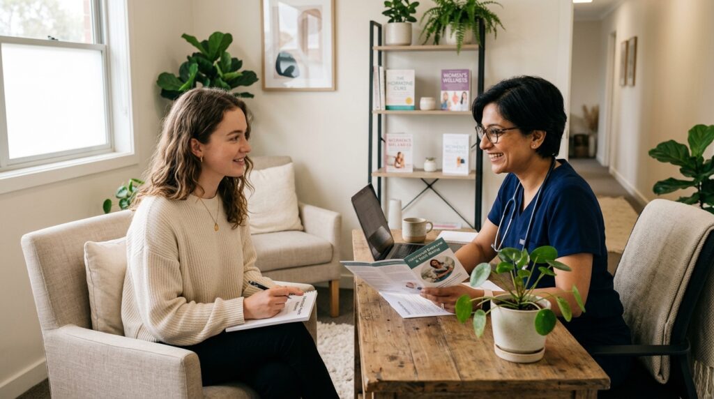 Rename PCOS to PMOS discussion between a woman and her doctor in a modern clinic