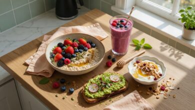 Healthy quick breakfast recipes with overnight oats, smoothie, avocado toast, and yogurt on a table