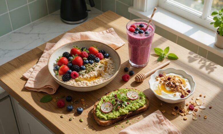 Healthy quick breakfast recipes with overnight oats, smoothie, avocado toast, and yogurt on a table