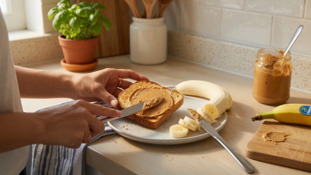 Preparing a quick breakfast with peanut butter toast and banana in a bright kitchen
