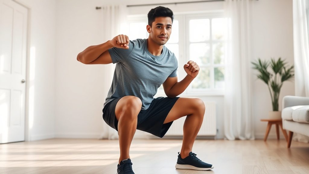 Man performing bodyweight squats at home as a quick heart-healthy workout