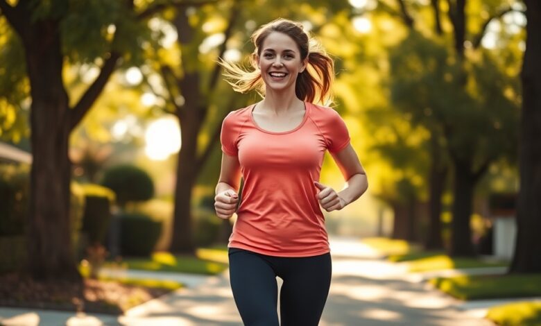Woman doing 10 minutes of exercise for heart health on a sunny morning walk