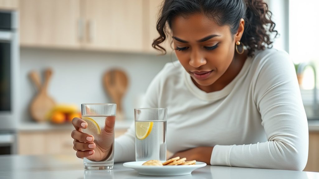 Pregnant woman managing morning sickness by eating plain crackers at kitchen counter