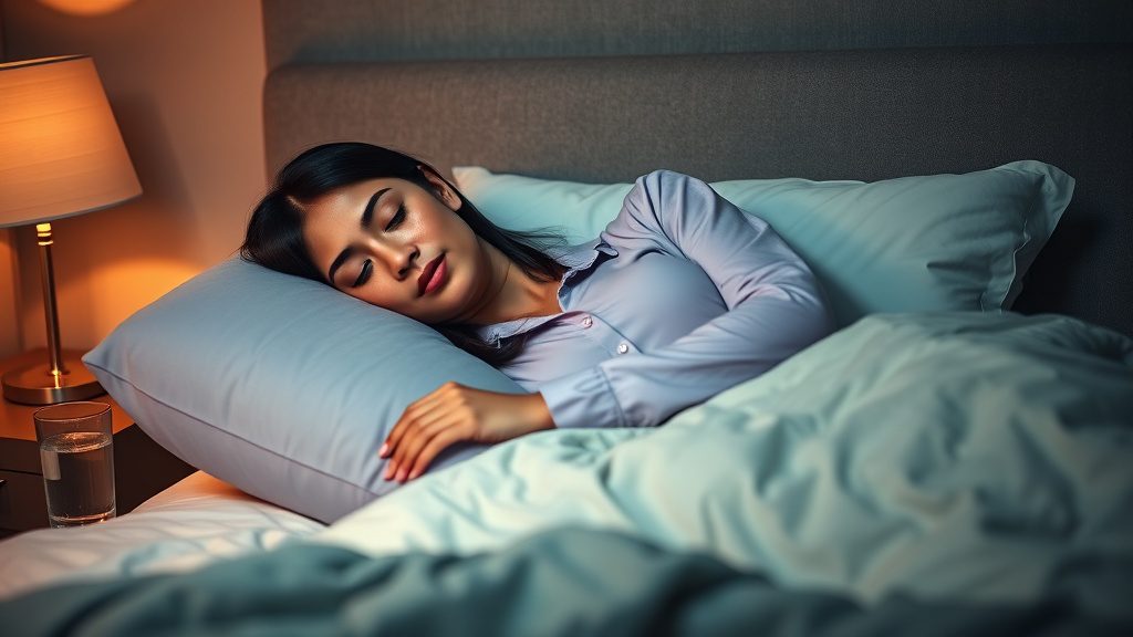 Pregnant woman resting peacefully on her side with a supportive body pillow in bed