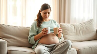 Woman experiencing 9 weeks pregnant symptoms resting with ginger tea at home