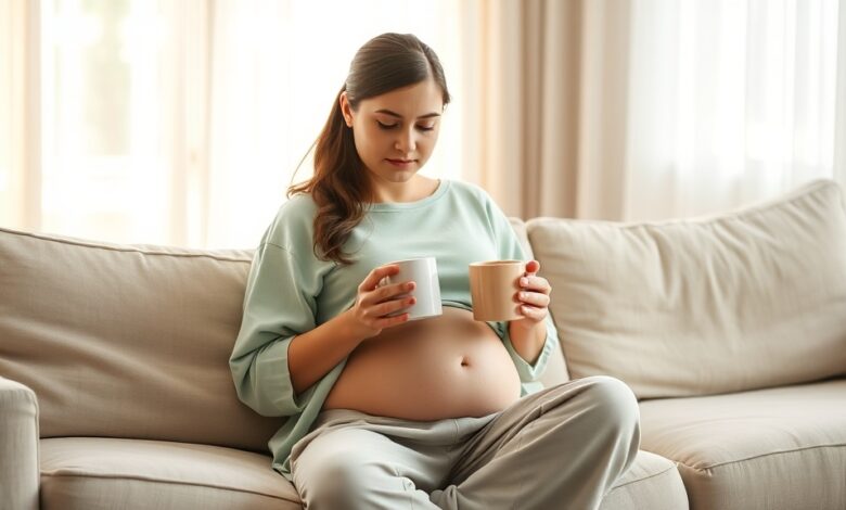 Woman experiencing 9 weeks pregnant symptoms resting with ginger tea at home