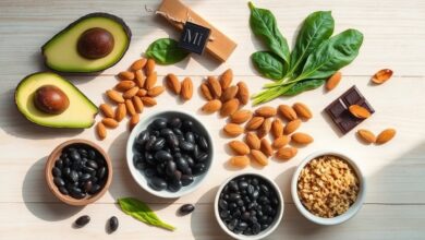 Benefits of magnesium shown through an array of magnesium-rich whole foods on a wooden surface.