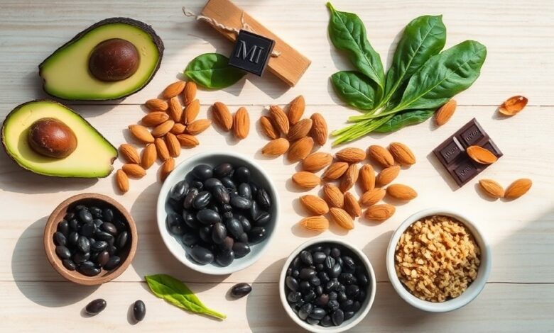 Benefits of magnesium shown through an array of magnesium-rich whole foods on a wooden surface.