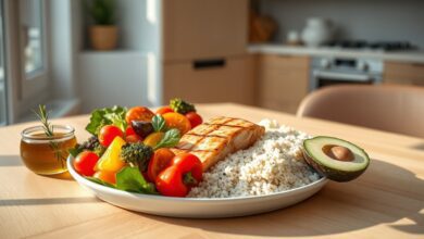 A balanced nutrition guide plate with vegetables protein and whole grains on a modern table