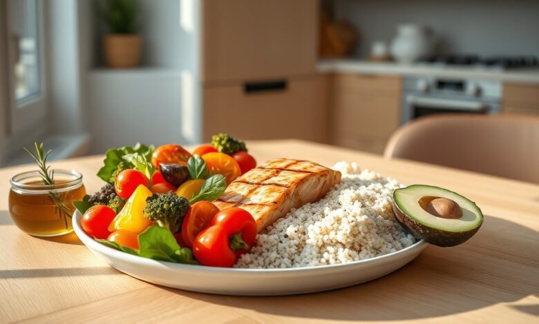 A balanced nutrition guide plate with vegetables protein and whole grains on a modern table