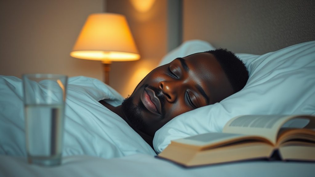 Relaxed man resting in a calm dark bedroom ready for consistent sleep
