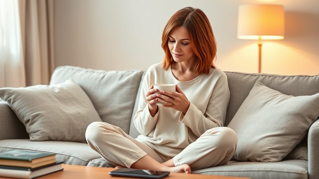 Woman enjoying herbal tea during a calming screen-free evening wind-down routine