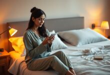Woman setting a bedtime alarm habit for sleep consistency on her phone at night