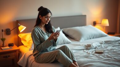 Woman setting a bedtime alarm habit for sleep consistency on her phone at night