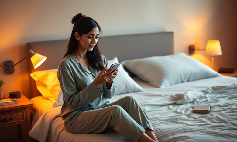 Woman setting a bedtime alarm habit for sleep consistency on her phone at night