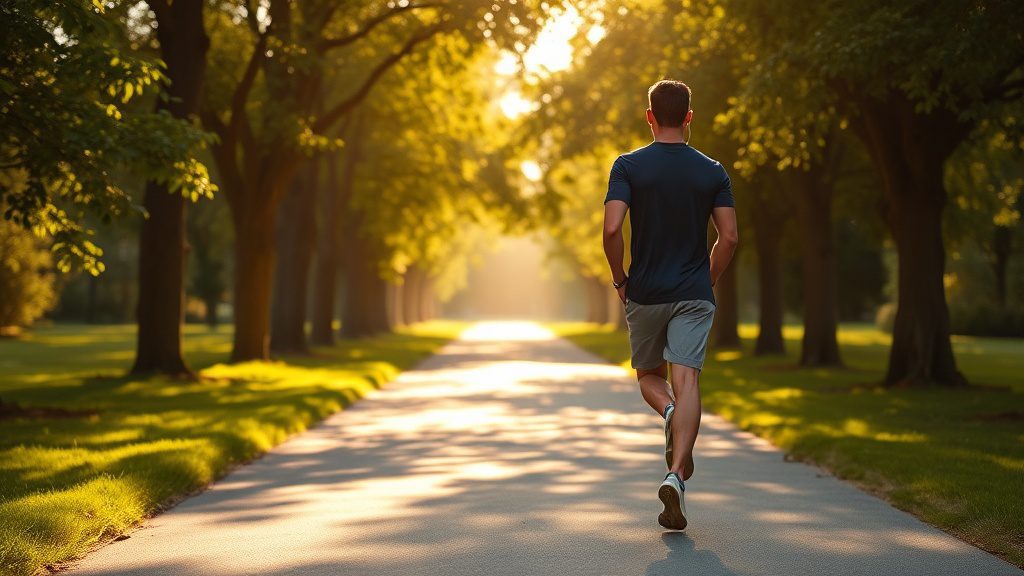 Man brisk walking outdoors for cardiovascular fitness on a sunny morning park path