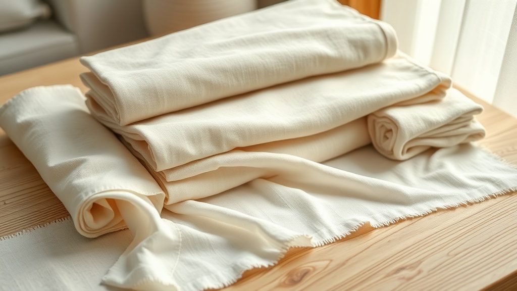 Close-up of natural organic cotton bamboo silk and linen fabric swatches on wood