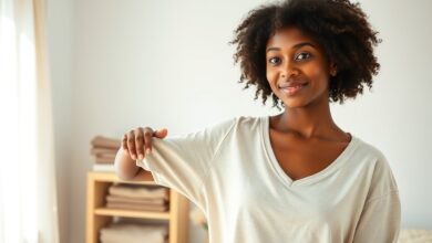 Woman choosing the best fabric for sensitive skin in a bright bedroom