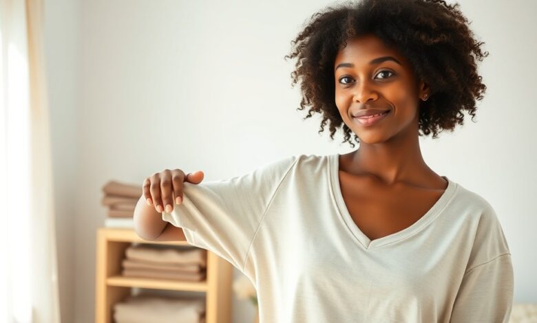 Woman choosing the best fabric for sensitive skin in a bright bedroom