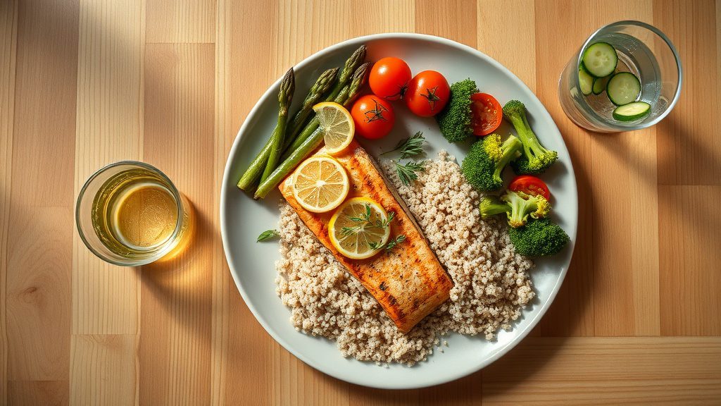 Balanced diabetes-friendly plate with salmon, roasted vegetables, and quinoa