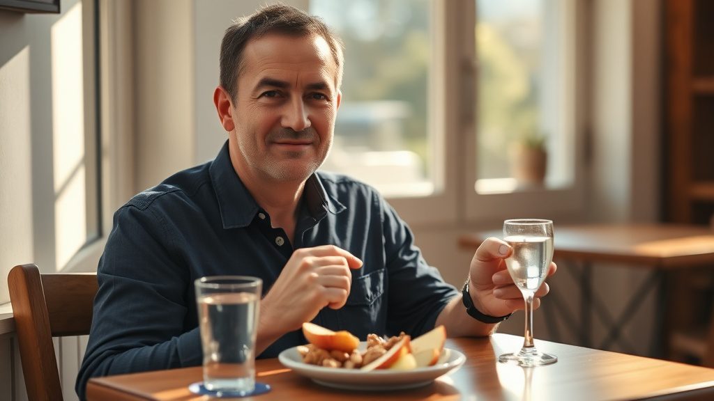 Man enjoying a healthy diabetic snack of apple slices and almond butter