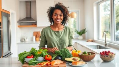 Woman preparing best foods for diabetics including vegetables, salmon, and berries