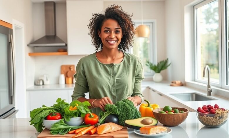 Woman preparing best foods for diabetics including vegetables, salmon, and berries