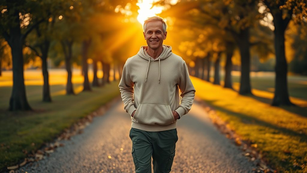 Man walking outdoors for active recovery during golden hour on park path