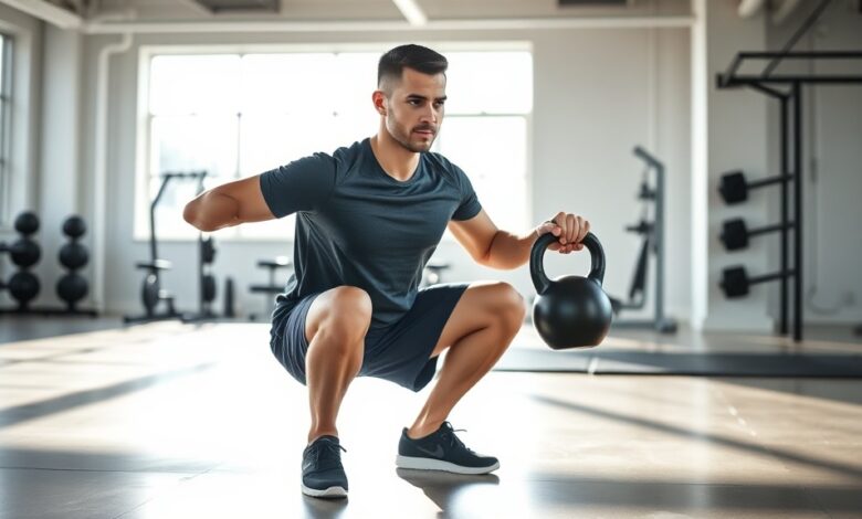 Everyday exerciser applying principles from Cristiano Ronaldo workout routine with kettlebell training in modern gym