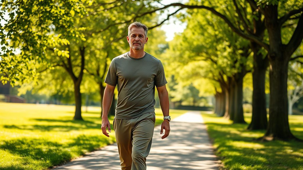 Man walking outdoors in a park to support mental health and emotional well-being