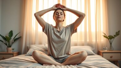 Woman practicing daily habits for better mental health with a calm morning stretching routine