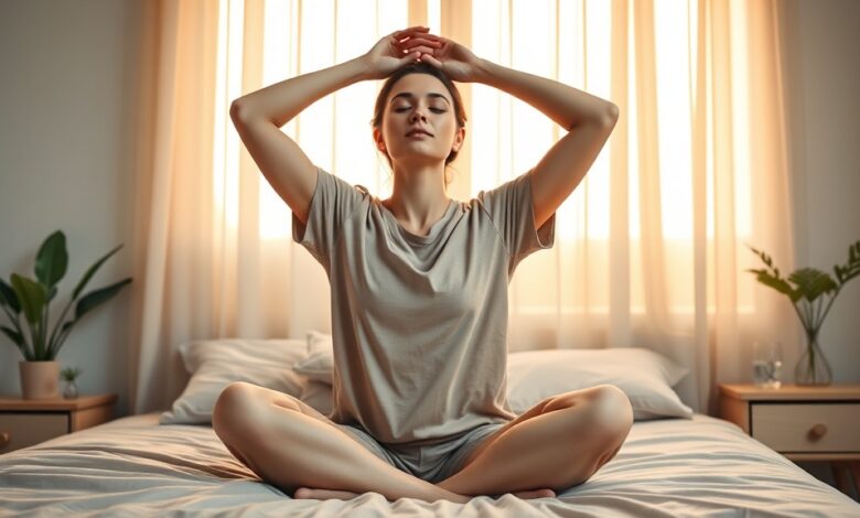 Woman practicing daily habits for better mental health with a calm morning stretching routine