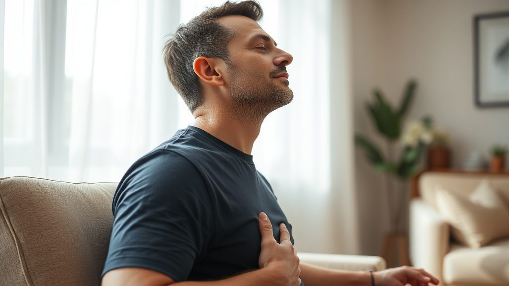 Man practicing deep mindful breathing exercise with hand on abdomen in calm room