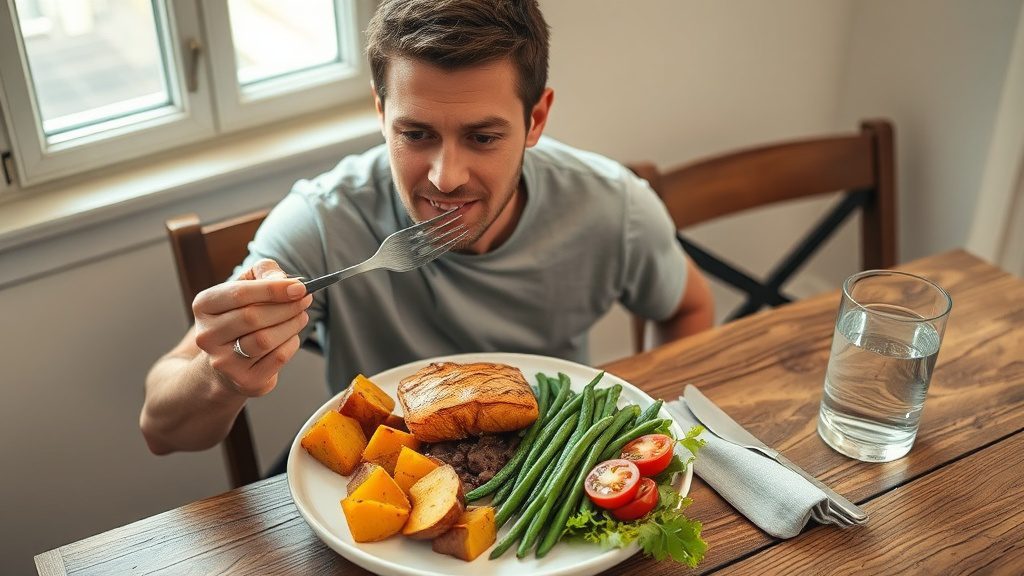Man mindfully eating a balanced whole foods meal at a wooden dining table