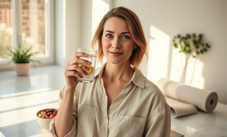 Woman practicing daily healthy habits for long term wellness through morning hydration in a sunlit kitchen