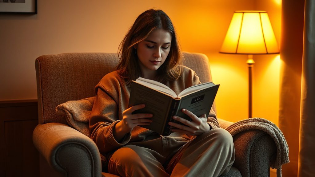 Person reading a book during a calming bedtime wind-down routine