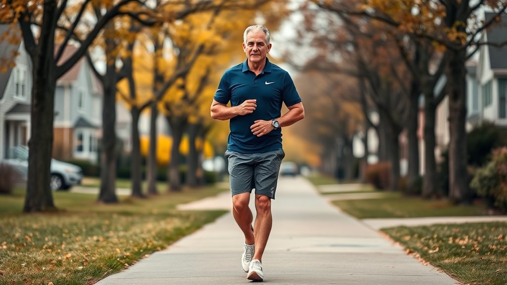 Man walking briskly outdoors monitoring his heart rate for cardiovascular exercise benefits